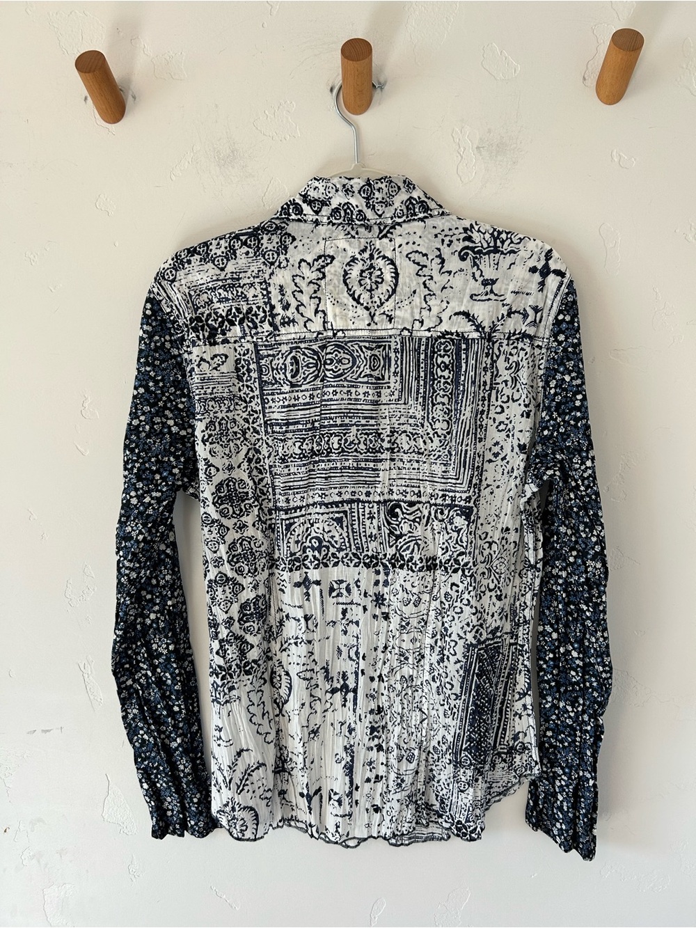 Cino Indigo Patchwork Cotton Print Bohemian Button Down Sz XL Boyfriend Shirt - Picture 2 of 8